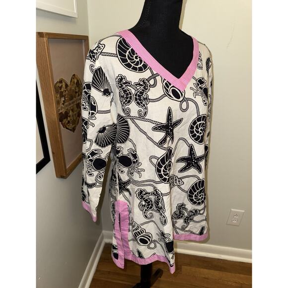 Gretchen Scott Designs Shirt Womens MD Nautical Black Pink Coastal Boho Tunic - Picture 2 of 4